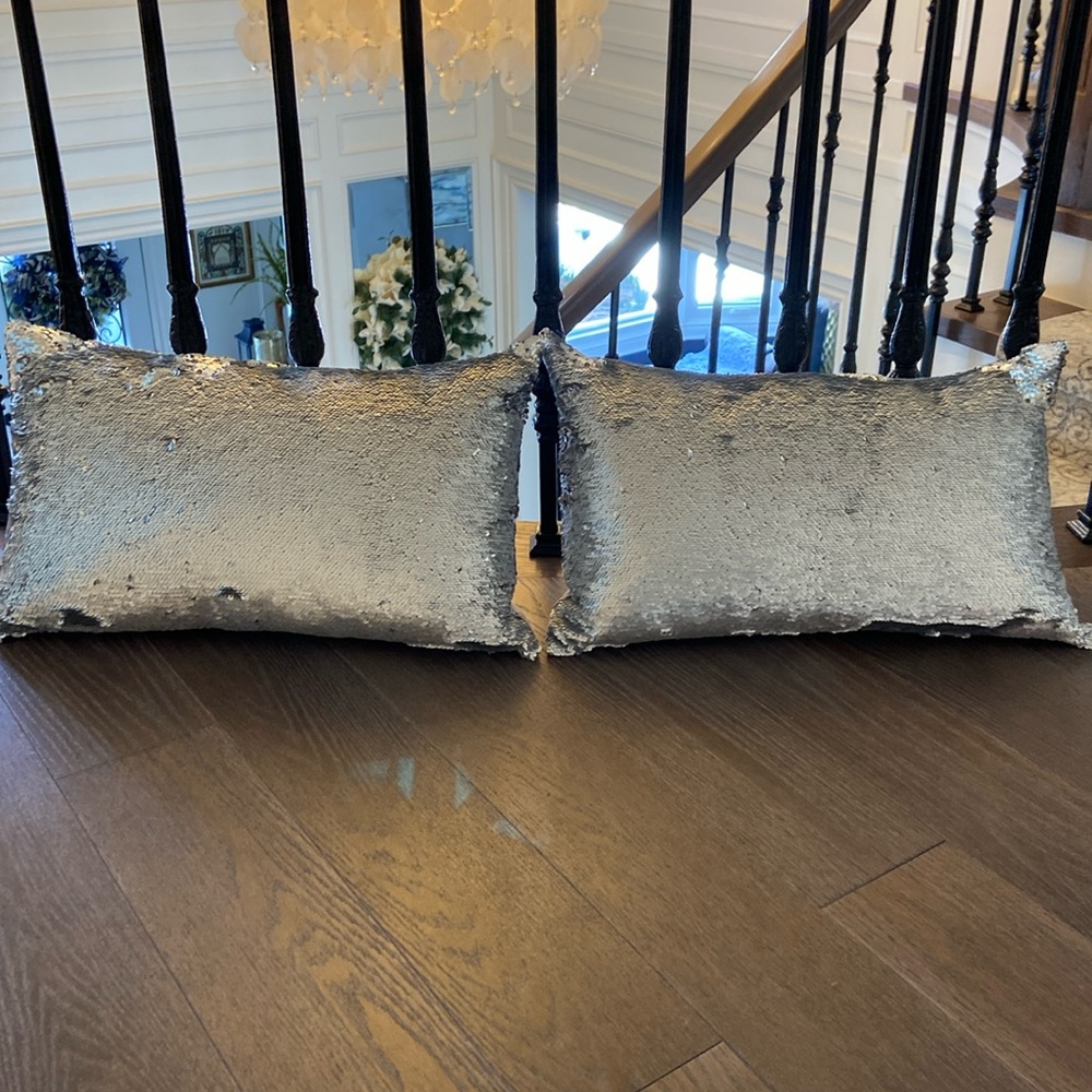 Pair of Beautiful Lavender Mermaid Sequin/ Raw Silk Lumbar Pillows.